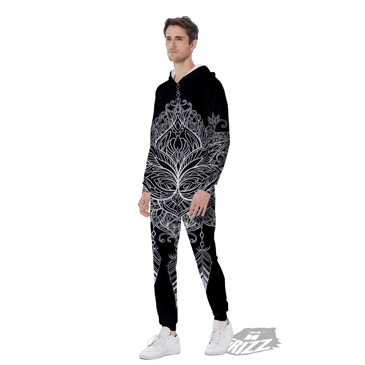 Lotus Mandala White And Black Print Men's Jumpsuit-grizzshop