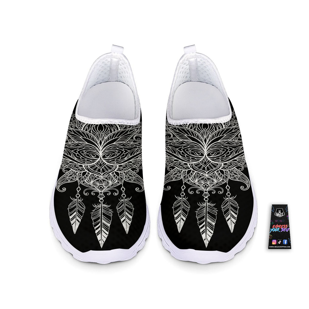 Lotus Mandala White And Black Print Nurse Shoes-grizzshop