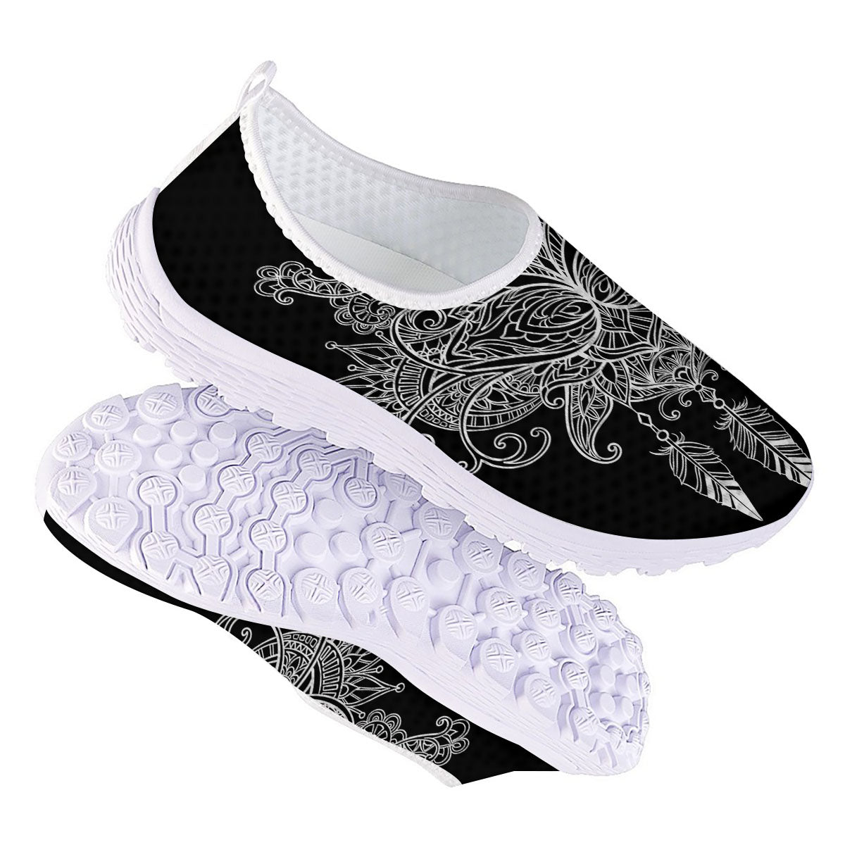 Lotus Mandala White And Black Print Nurse Shoes-grizzshop