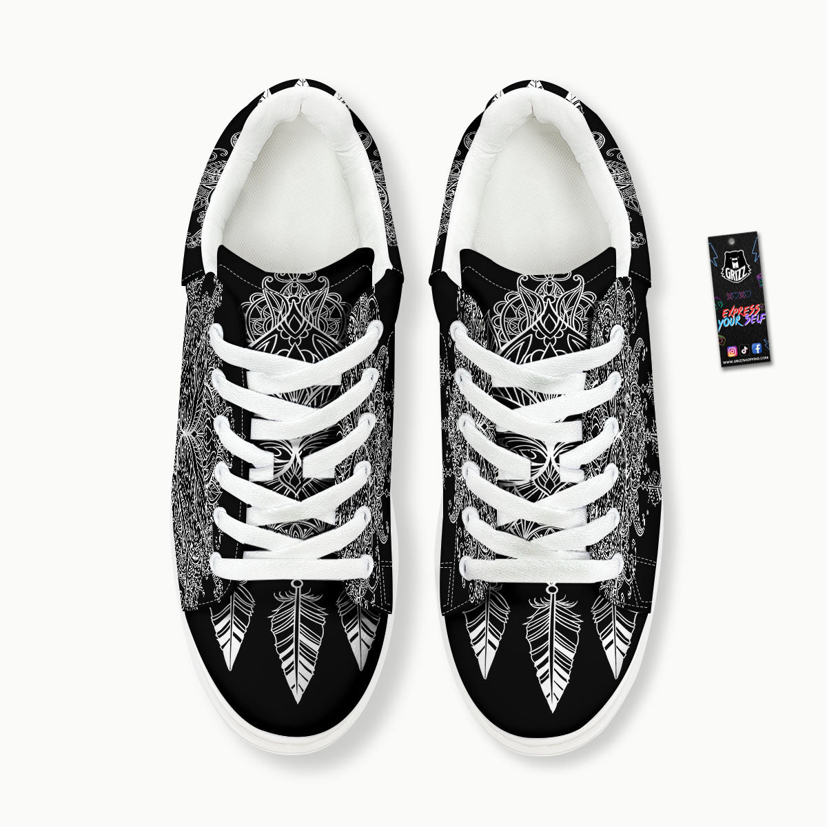 Lotus Mandala White And Black Print Platform Shoes-grizzshop
