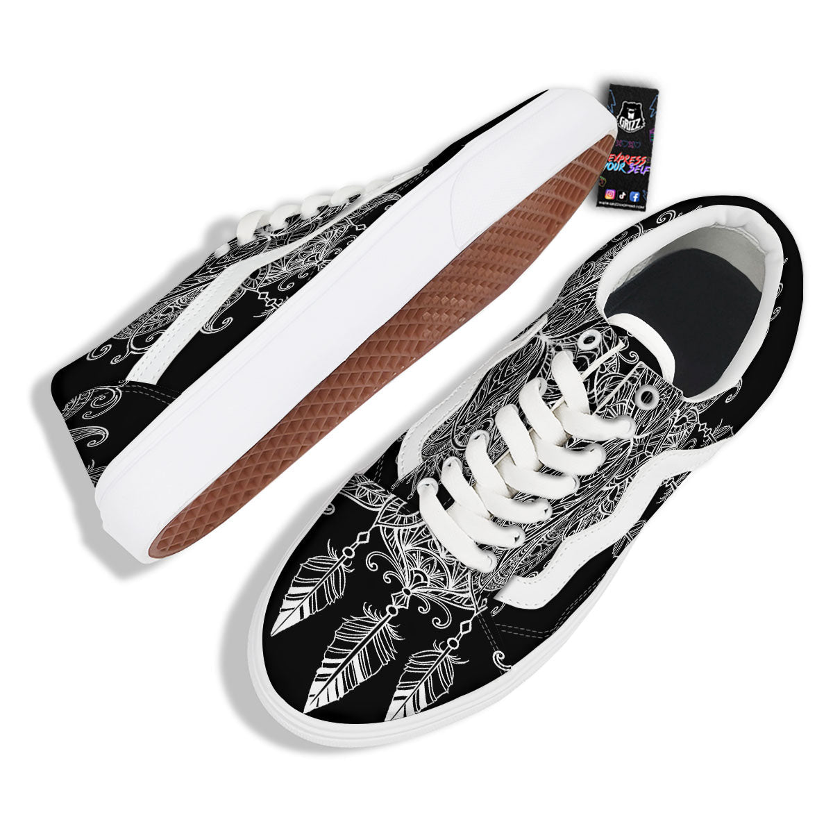 Lotus Mandala White And Black Print Skate Shoes-grizzshop