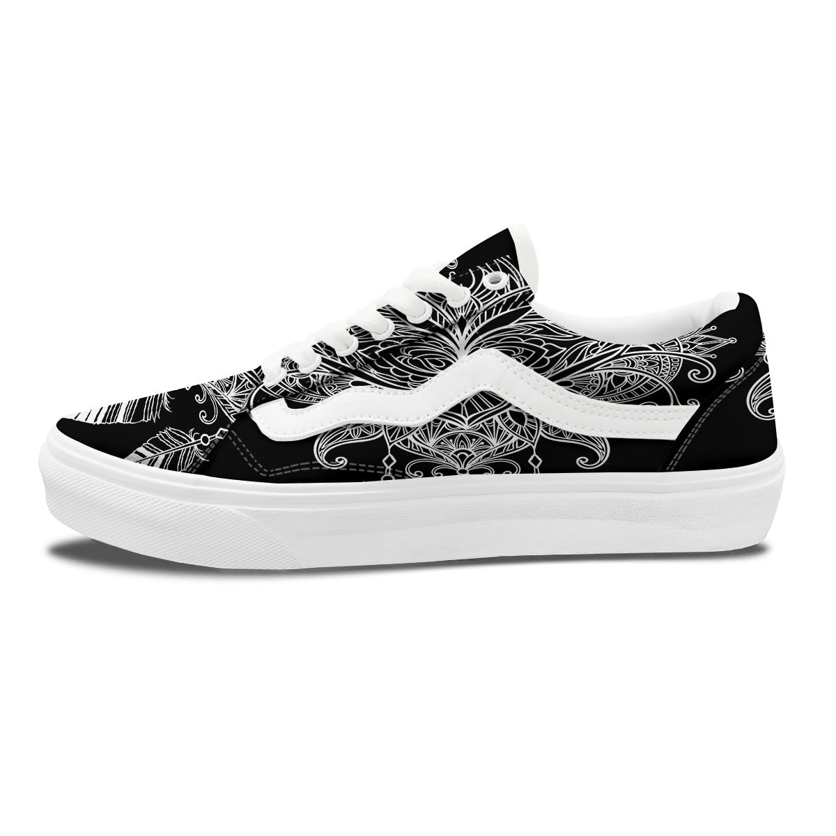 Lotus Mandala White And Black Print Skate Shoes-grizzshop