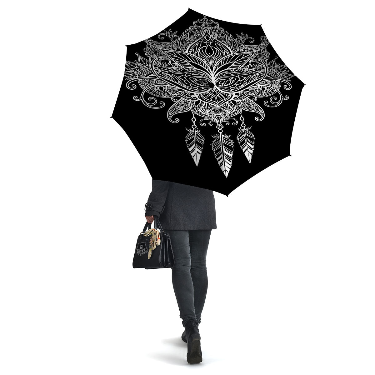 Lotus Mandala White And Black Print Umbrella-grizzshop