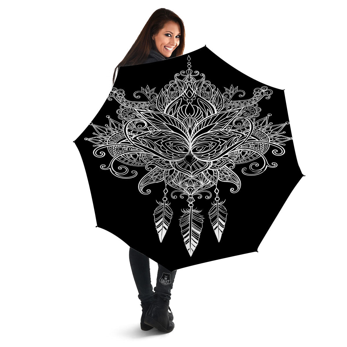 Lotus Mandala White And Black Print Umbrella-grizzshop