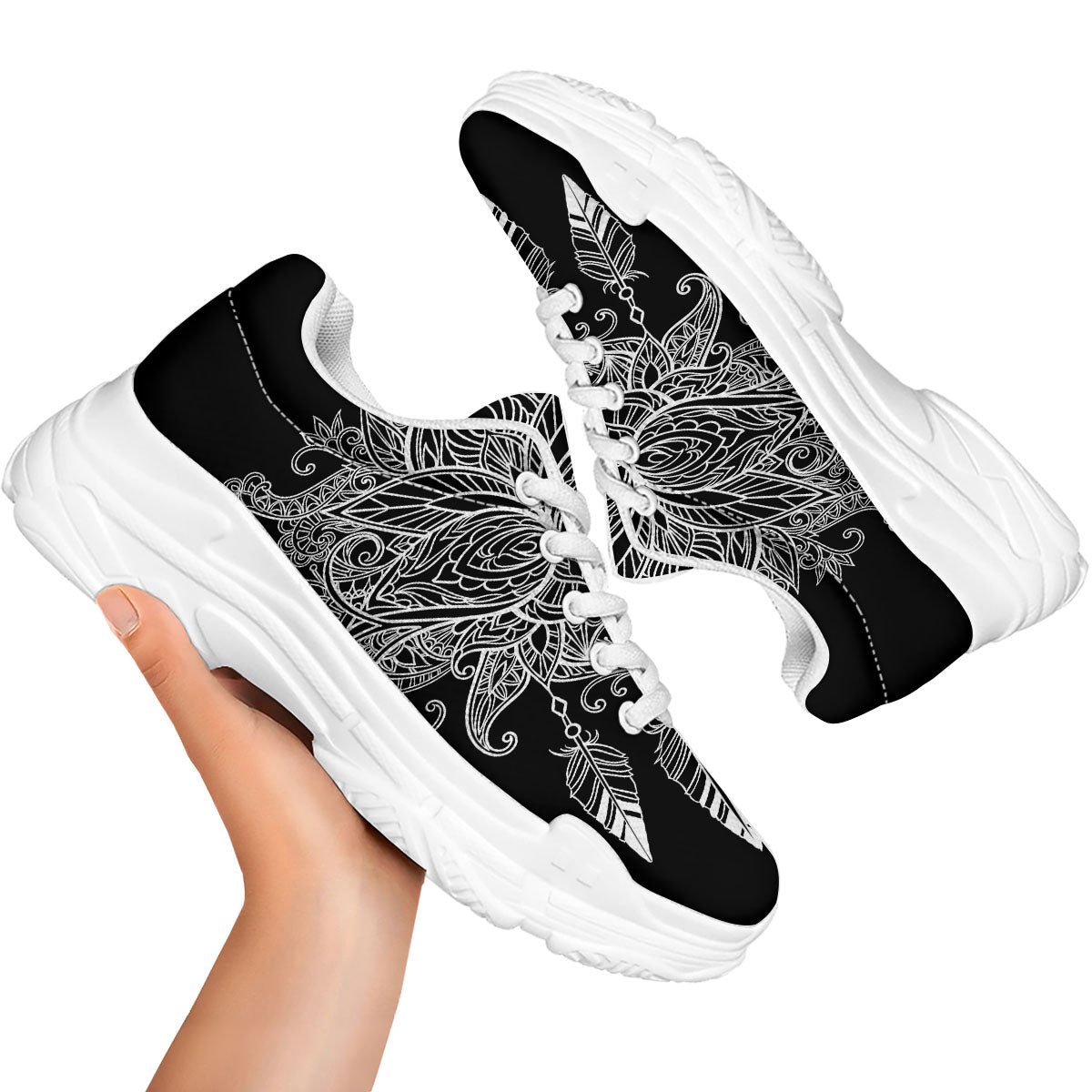 Lotus Mandala White And Black Print White Chunky Shoes-grizzshop