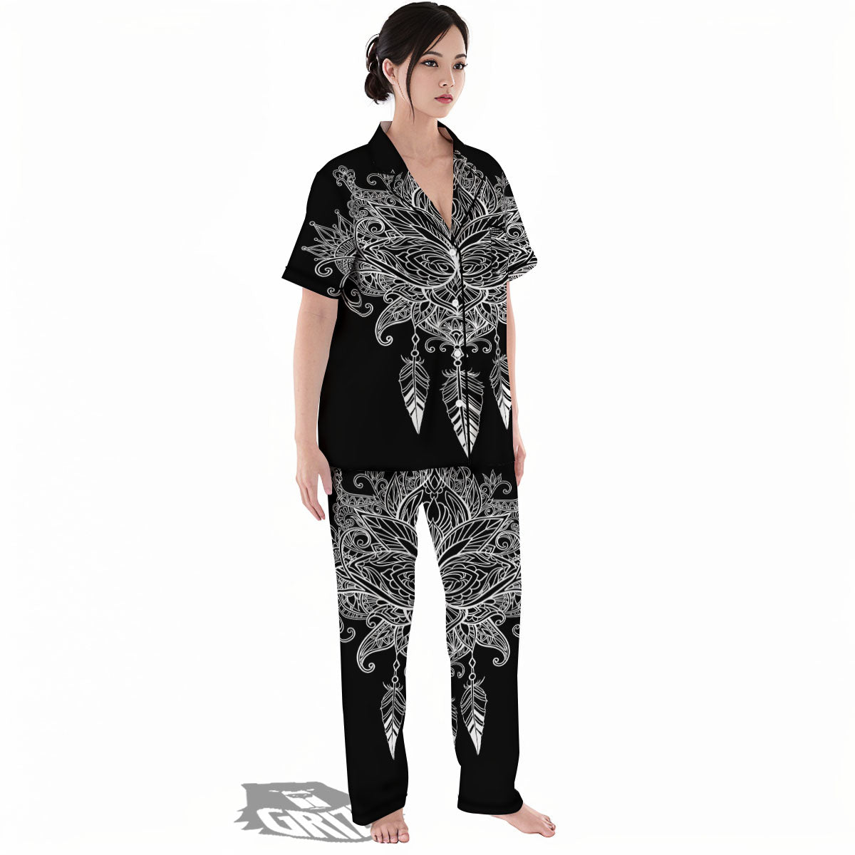 Lotus Mandala White And Black Print Women's Pajamas Set-grizzshop