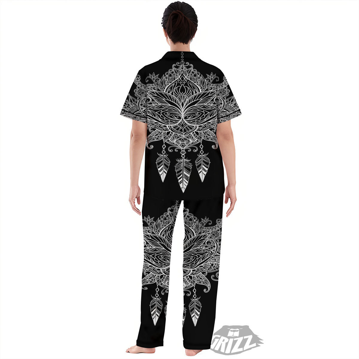 Lotus Mandala White And Black Print Women's Pajamas Set-grizzshop