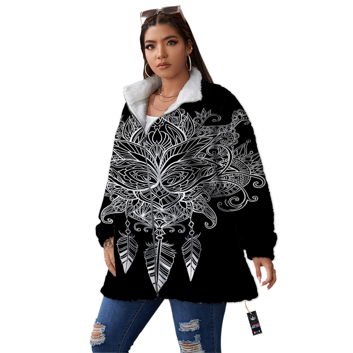 Lotus Mandala White And Black Print Women's Sherpa Jacket-grizzshop