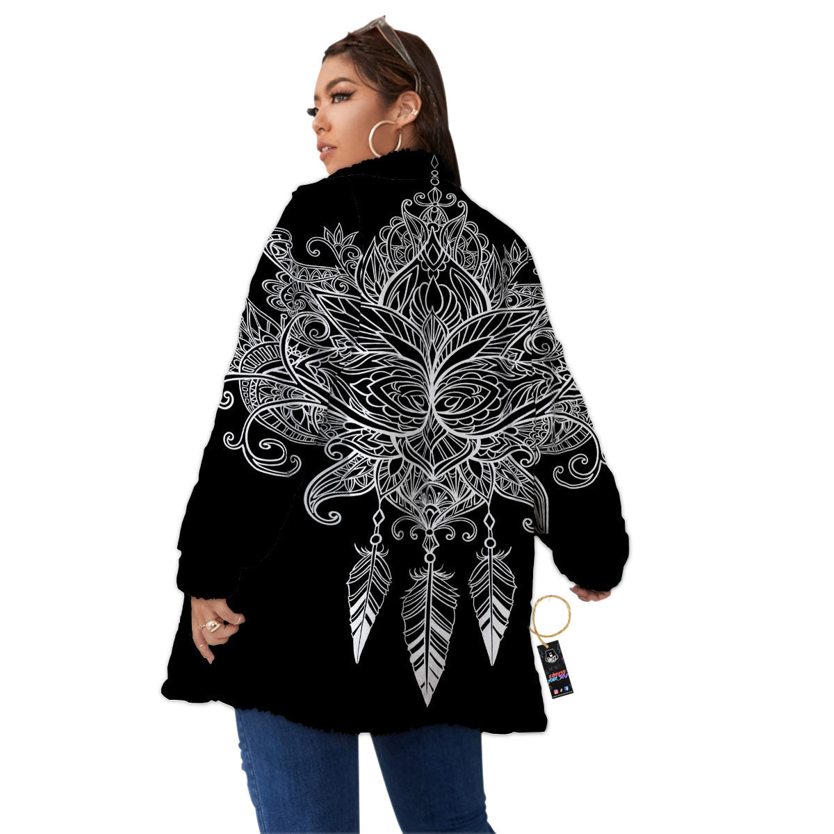 Lotus Mandala White And Black Print Women's Sherpa Jacket-grizzshop