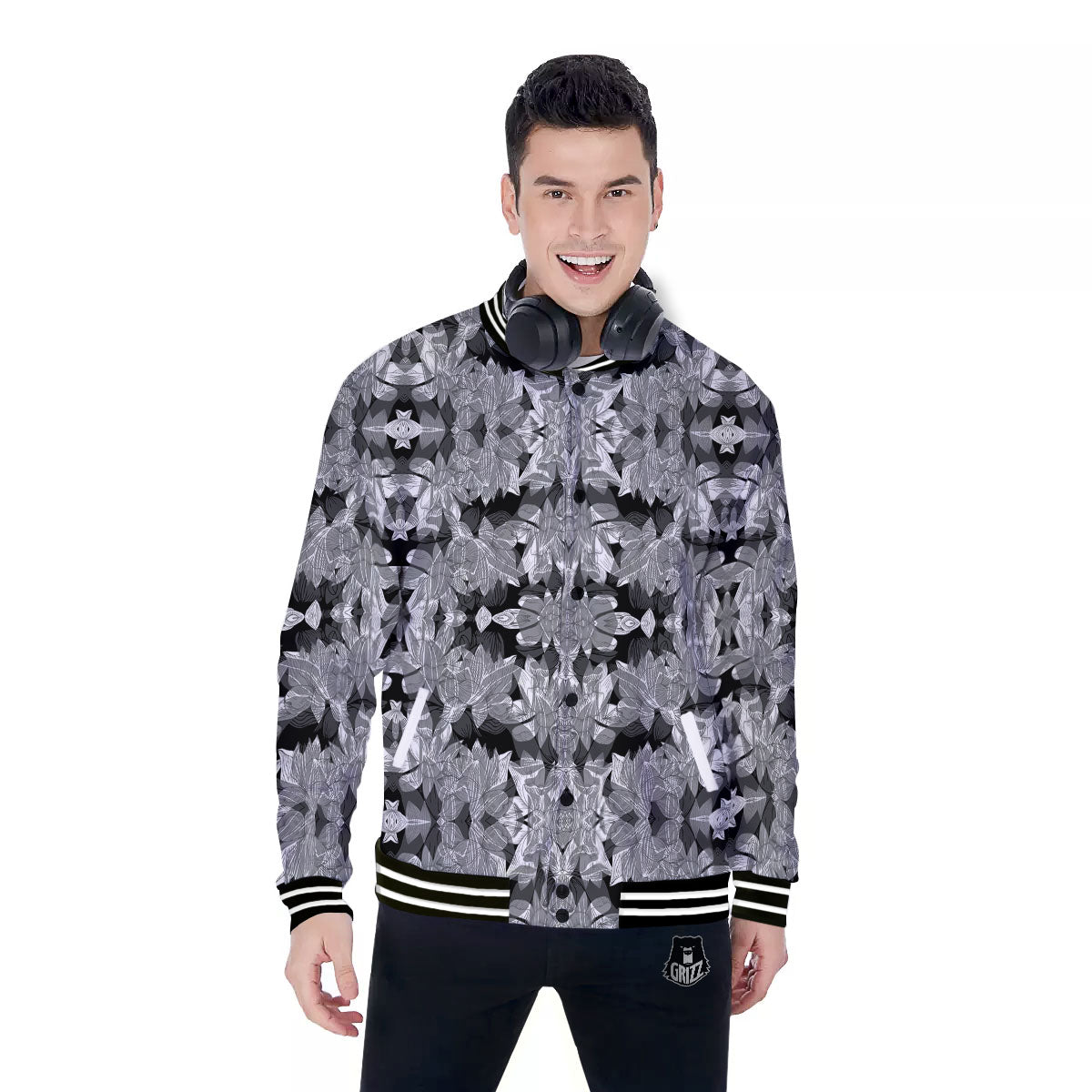Lotus Monochrome Print Pattern Baseball Jacket-grizzshop
