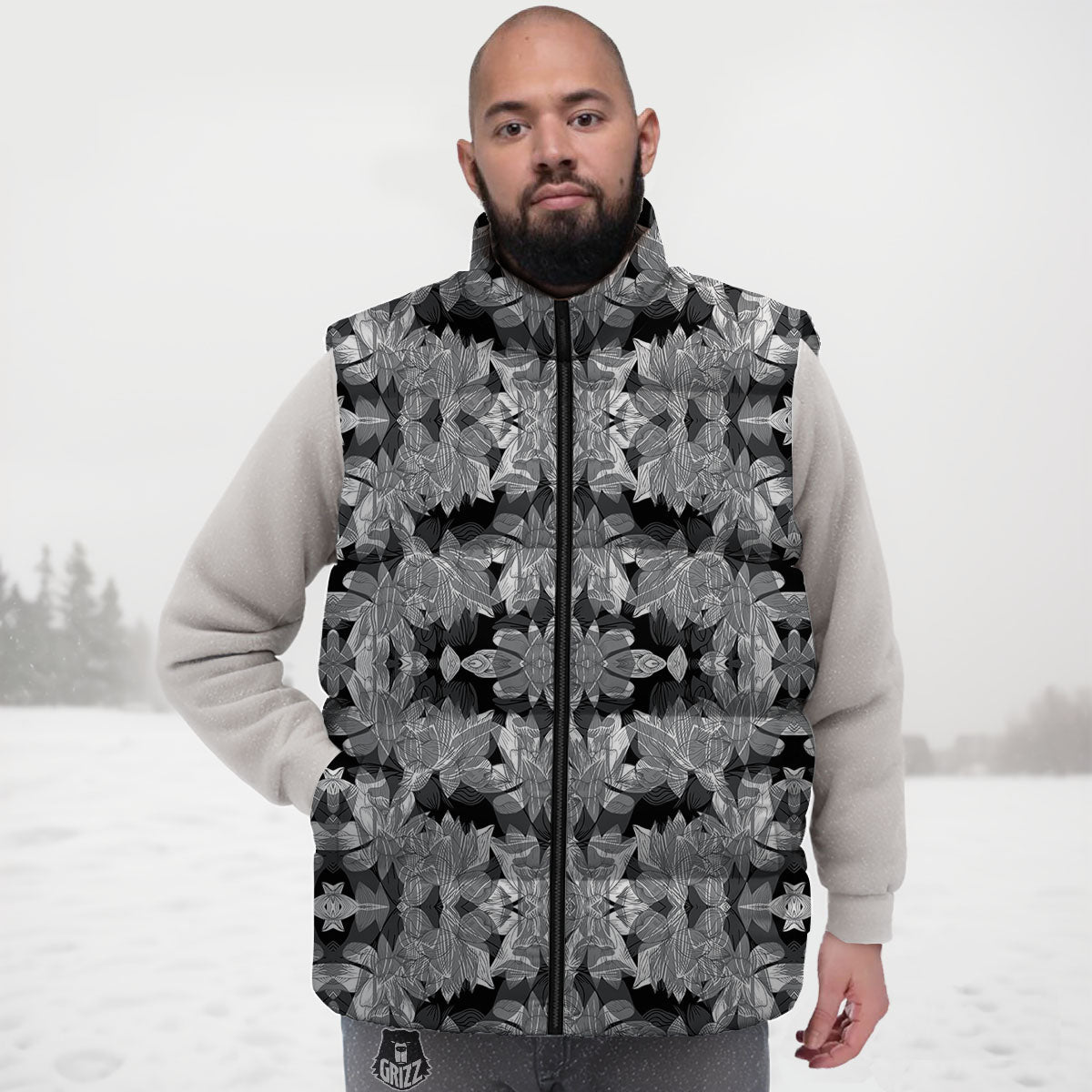 Lotus Monochrome Print Pattern Down Vest-grizzshop