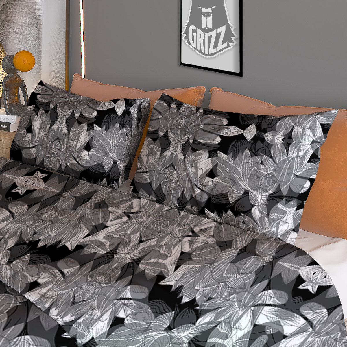 Lotus Monochrome Print Pattern Duvet Cover Bedding Set