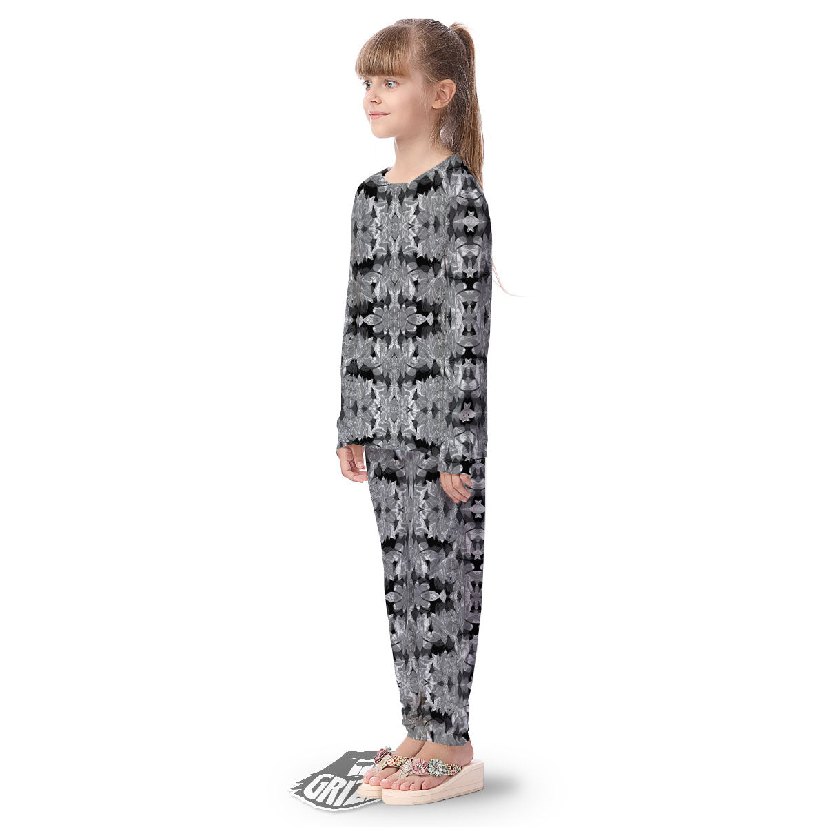 Lotus Monochrome Print Pattern Kid's Pajamas-grizzshop