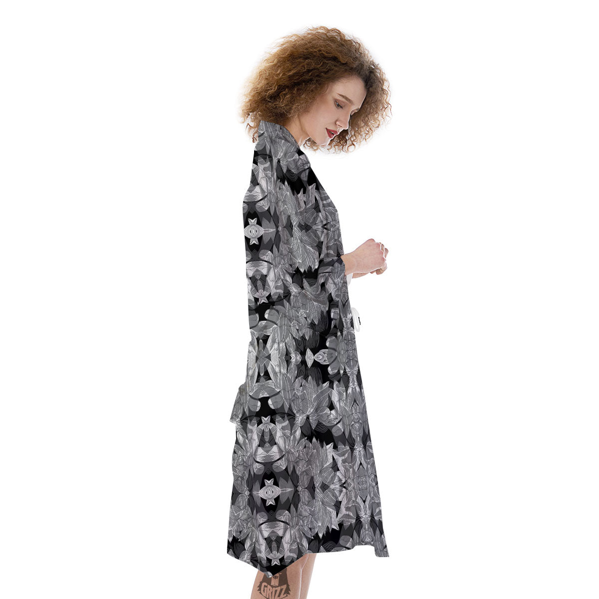 Lotus Monochrome Print Pattern Kimono-grizzshop