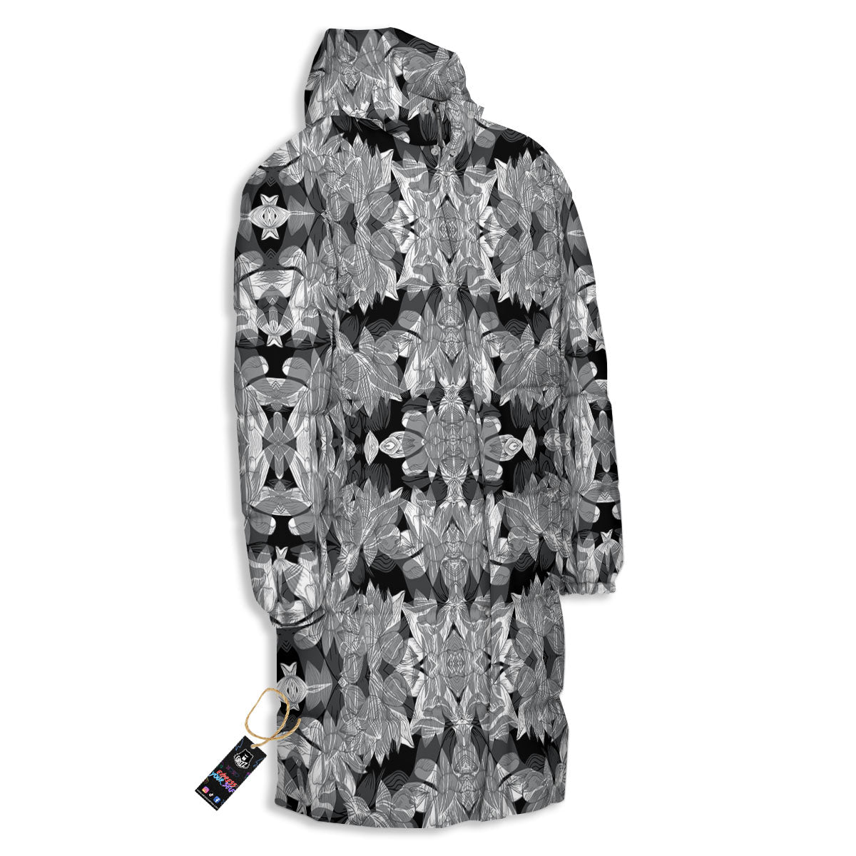 Lotus Monochrome Print Pattern Long Down Jacket-grizzshop