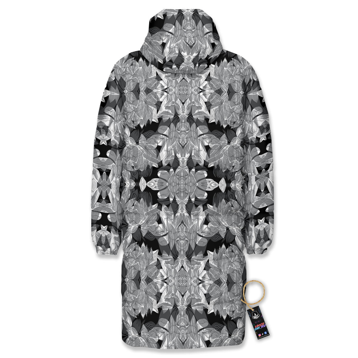 Lotus Monochrome Print Pattern Long Down Jacket-grizzshop