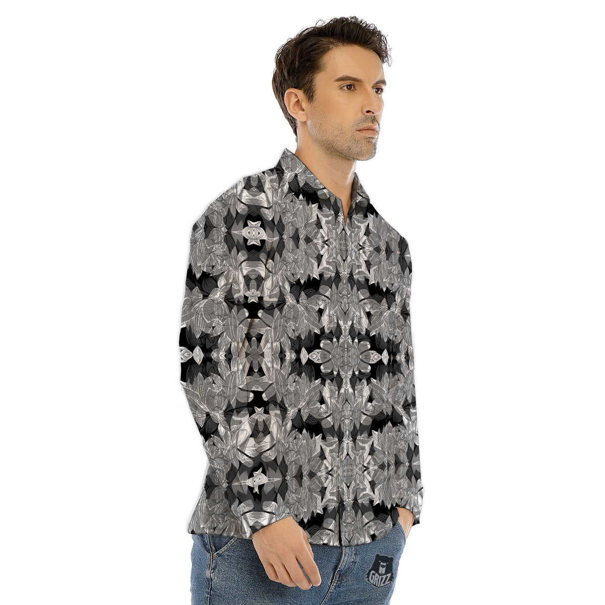 Lotus Monochrome Print Pattern Men's Dress Shirts-grizzshop