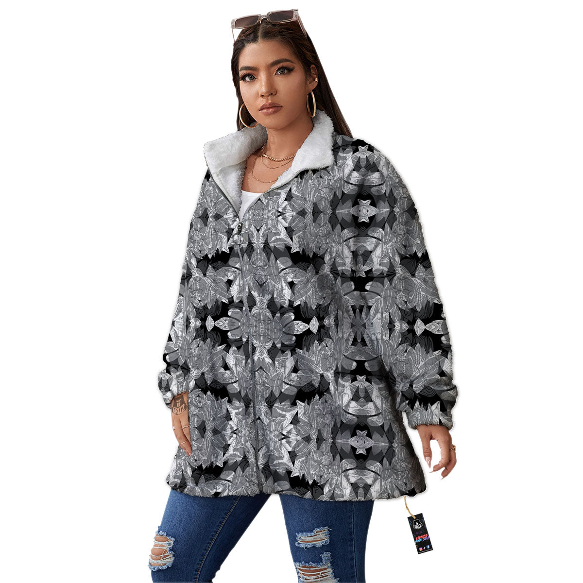 Lotus Monochrome Print Pattern Women's Sherpa Jacket-grizzshop