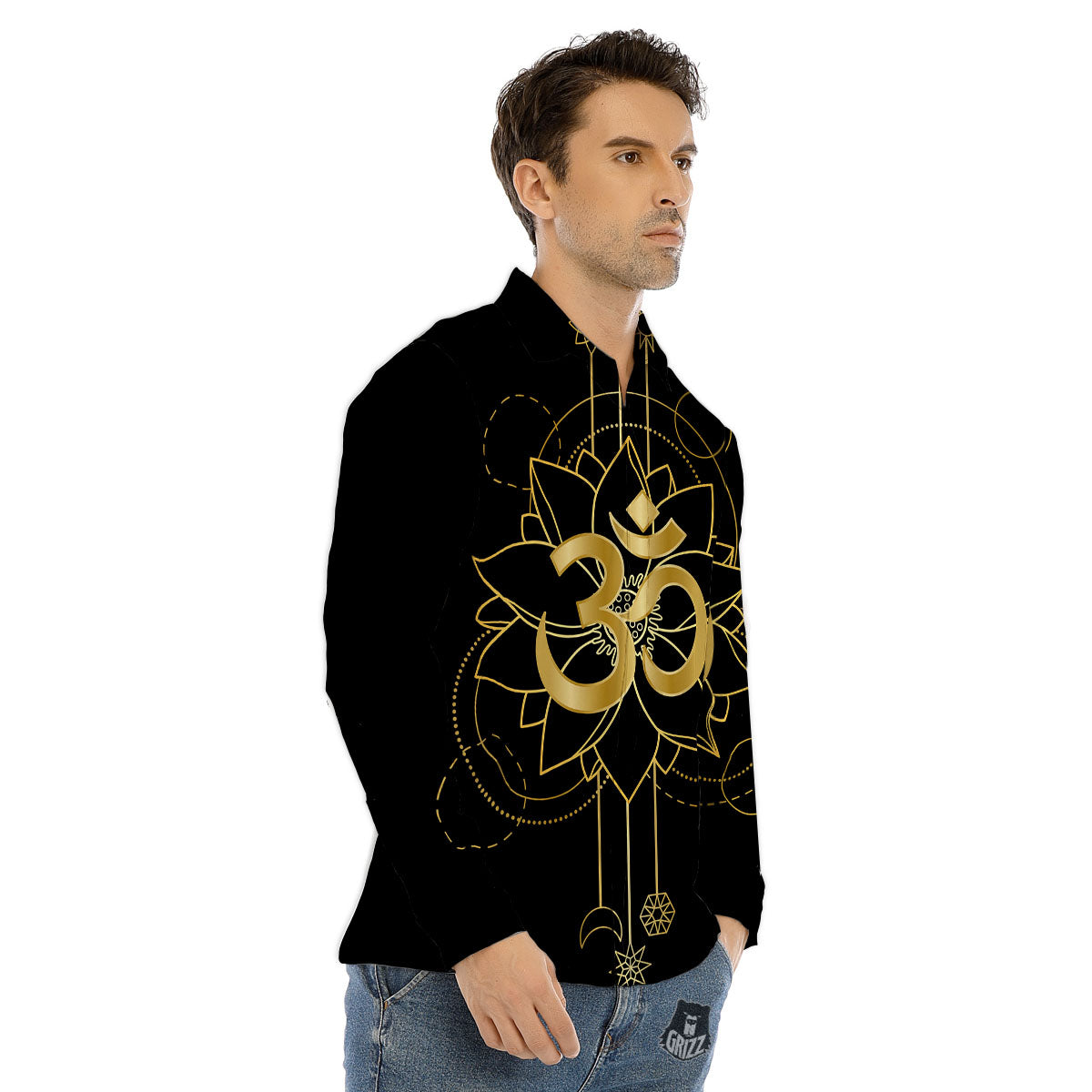 Lotus Om Gold Print Men's Dress Shirts-grizzshop