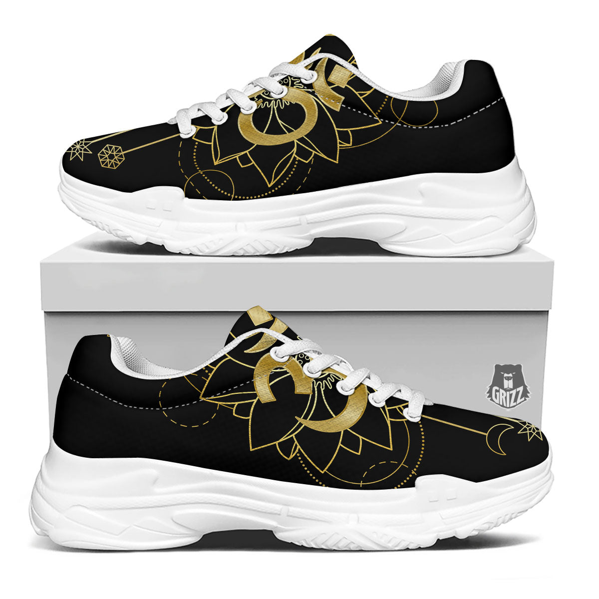 Lotus Om Gold Print White Chunky Shoes-grizzshop