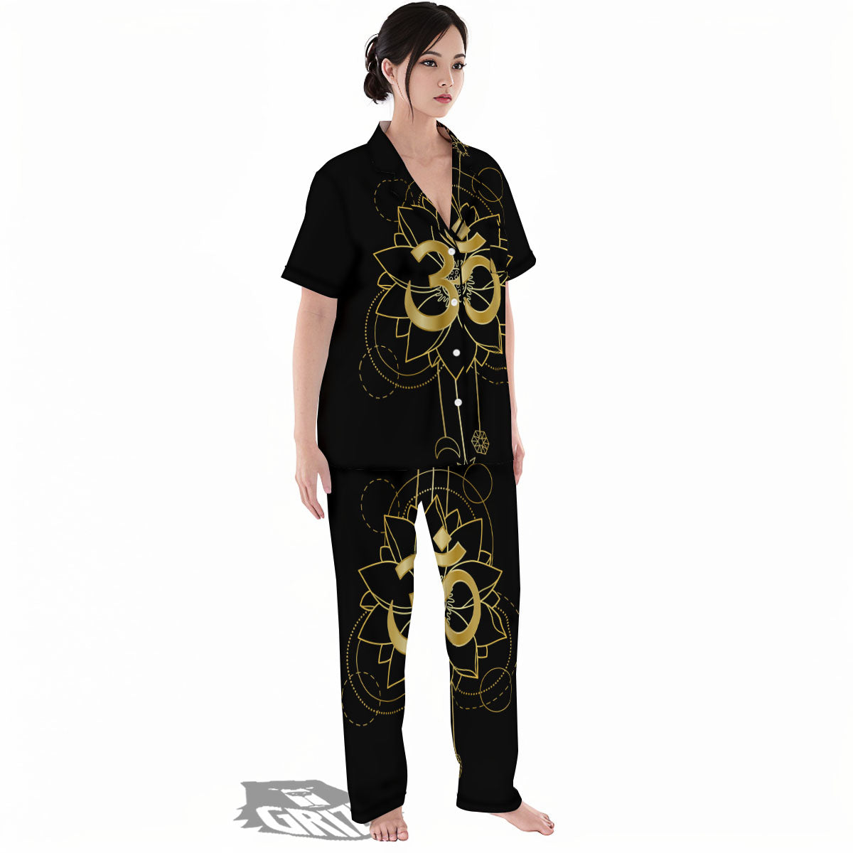 Lotus Om Gold Print Women's Pajamas Set-grizzshop