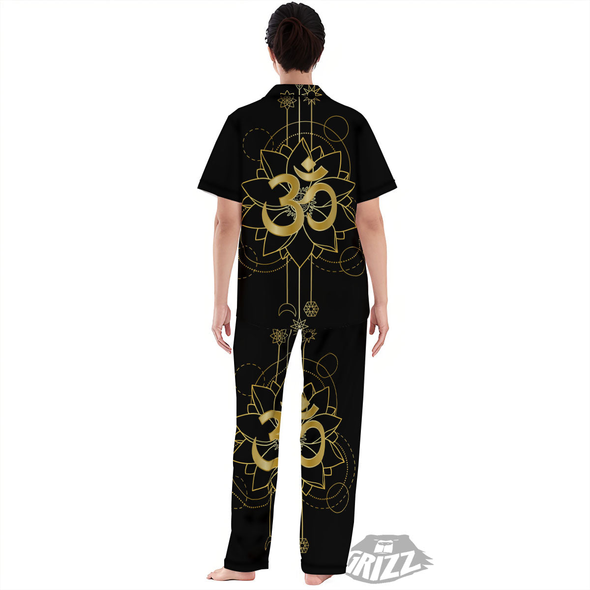 Lotus Om Gold Print Women's Pajamas Set-grizzshop
