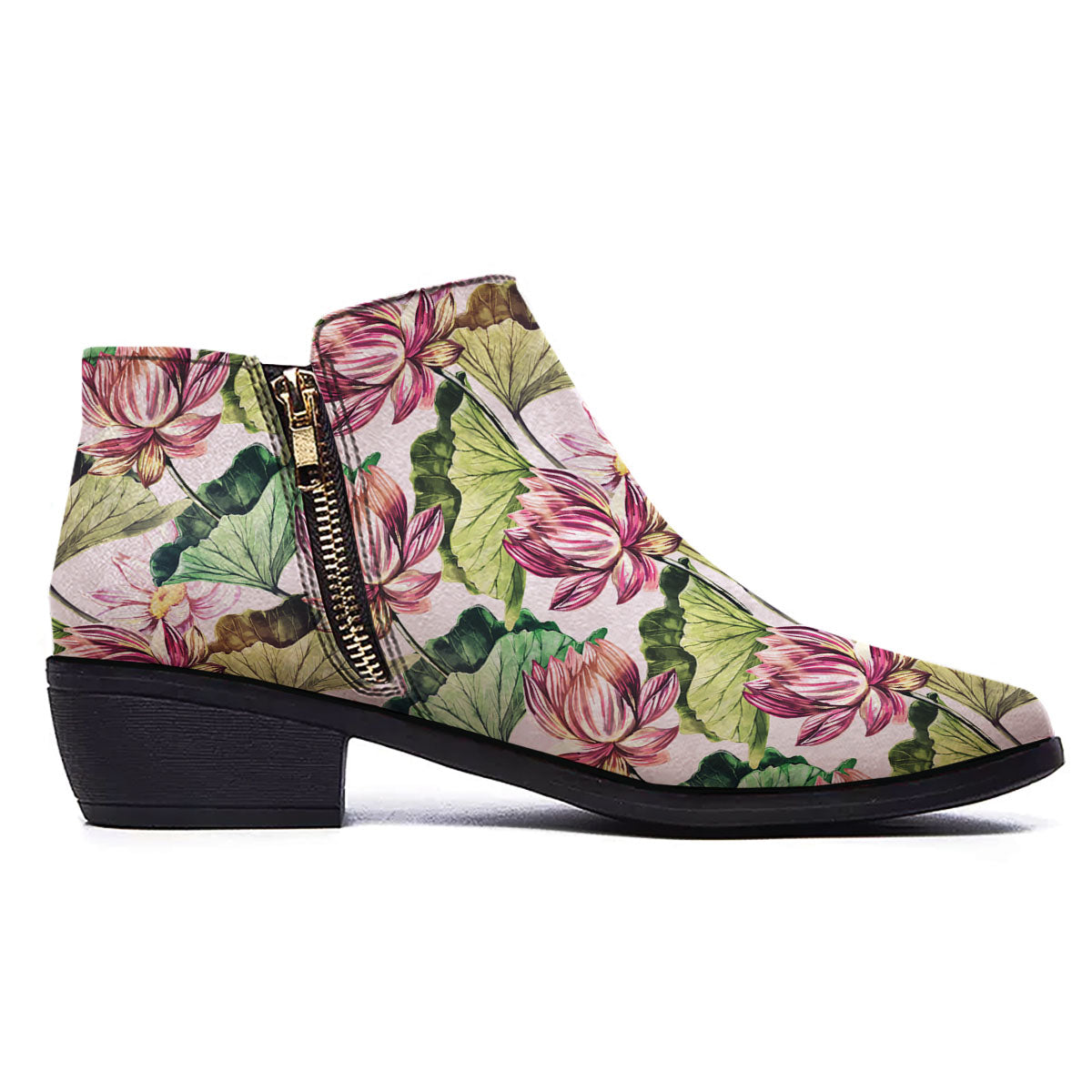 Lotus Pink Print Pattern Ankle Boots-grizzshop