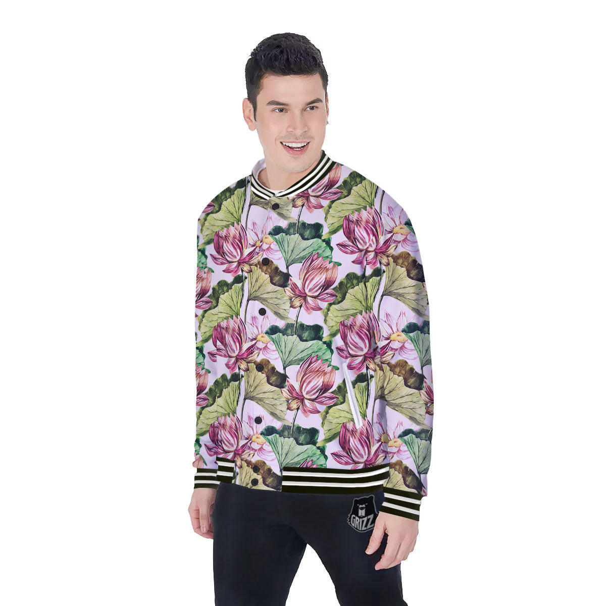 Lotus Pink Print Pattern Baseball Jacket-grizzshop