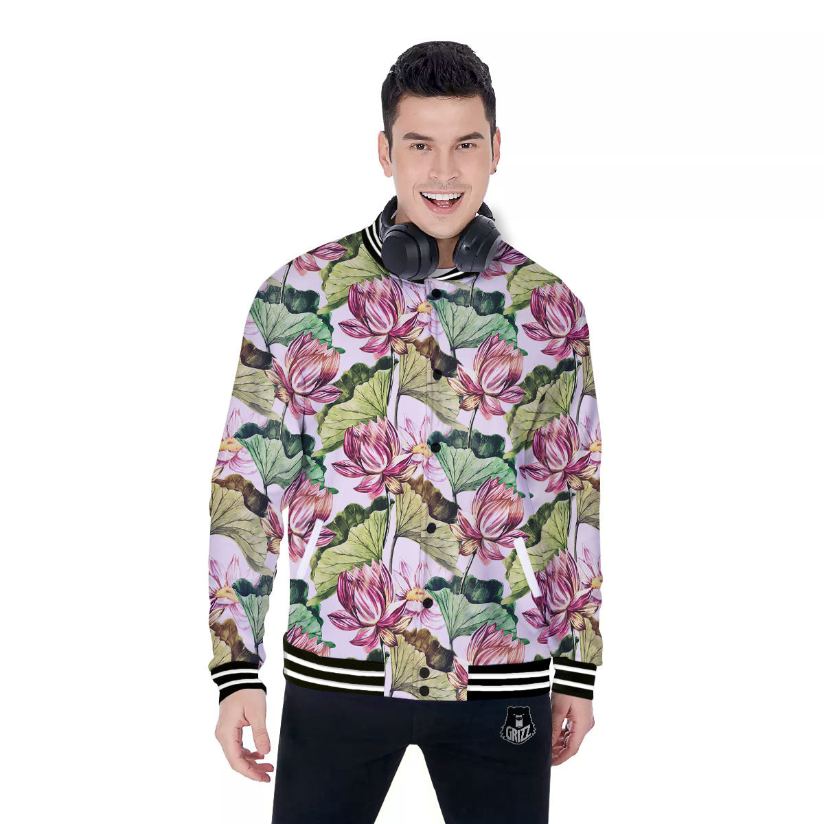 Lotus Pink Print Pattern Baseball Jacket-grizzshop