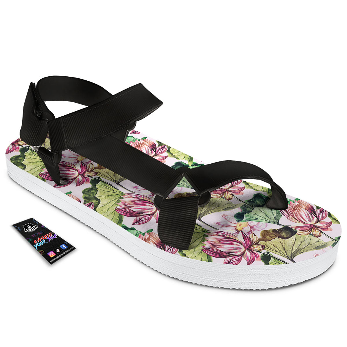 Lotus Pink Print Pattern Black Open Toe Sandals-grizzshop