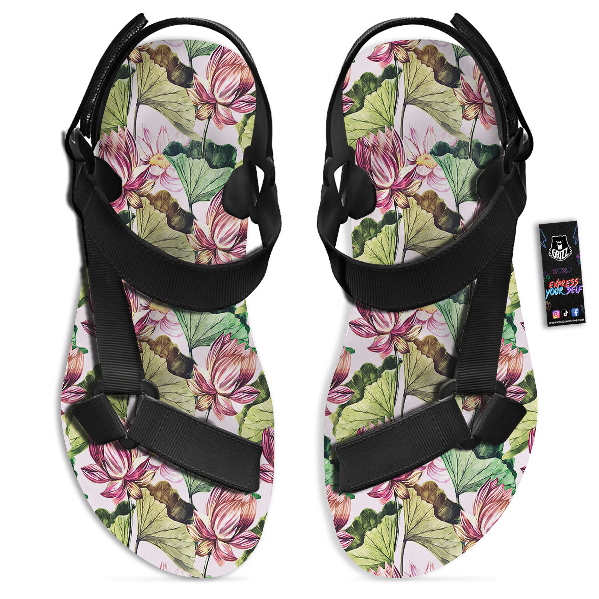 Lotus Pink Print Pattern Black Open Toe Sandals-grizzshop
