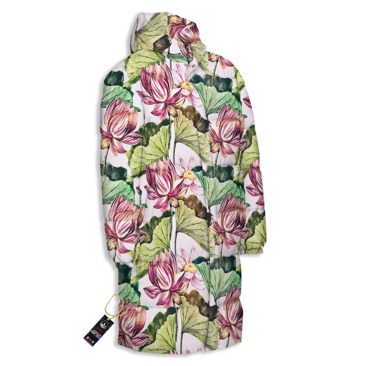 Lotus Pink Print Pattern Long Down Jacket-grizzshop