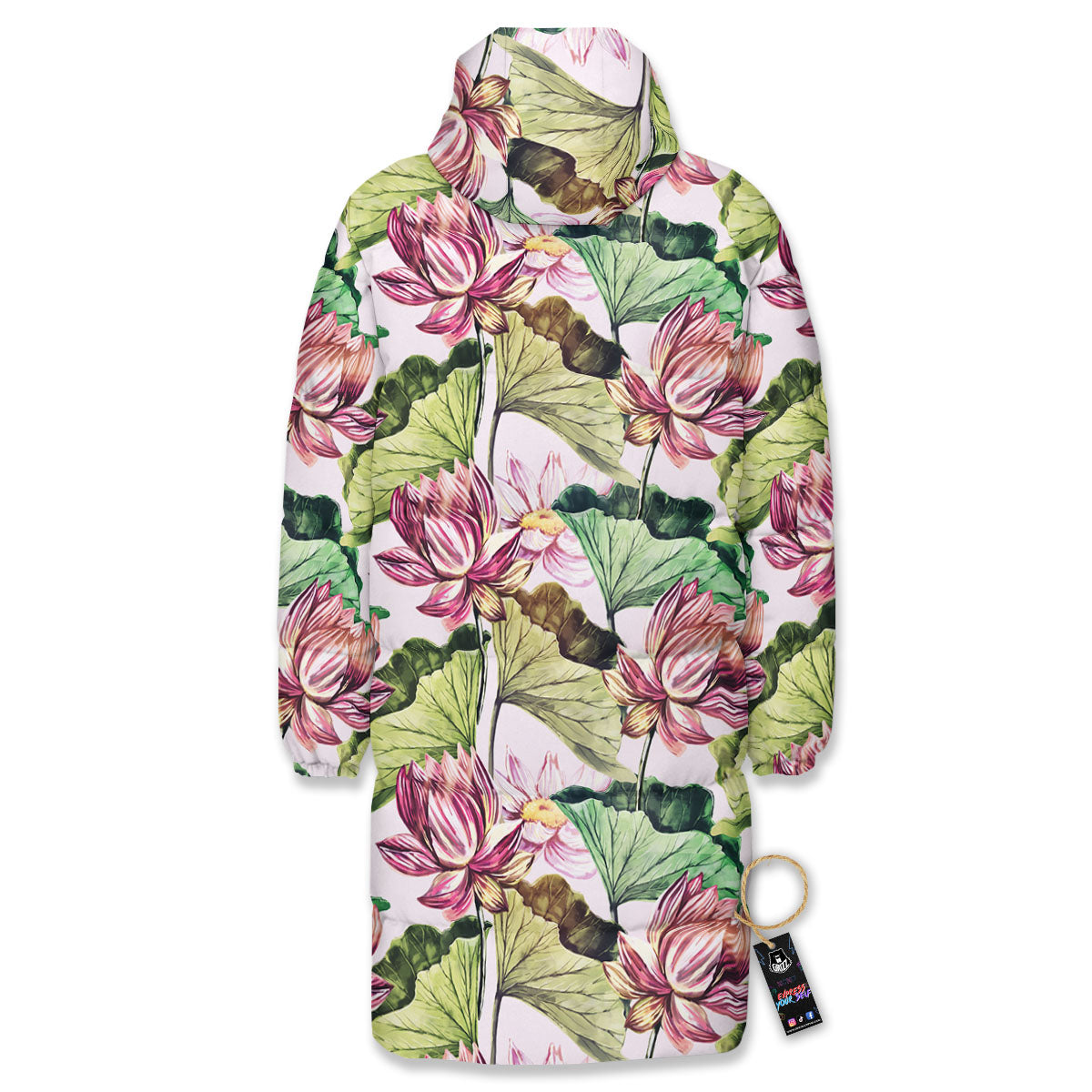 Lotus Pink Print Pattern Long Down Jacket-grizzshop