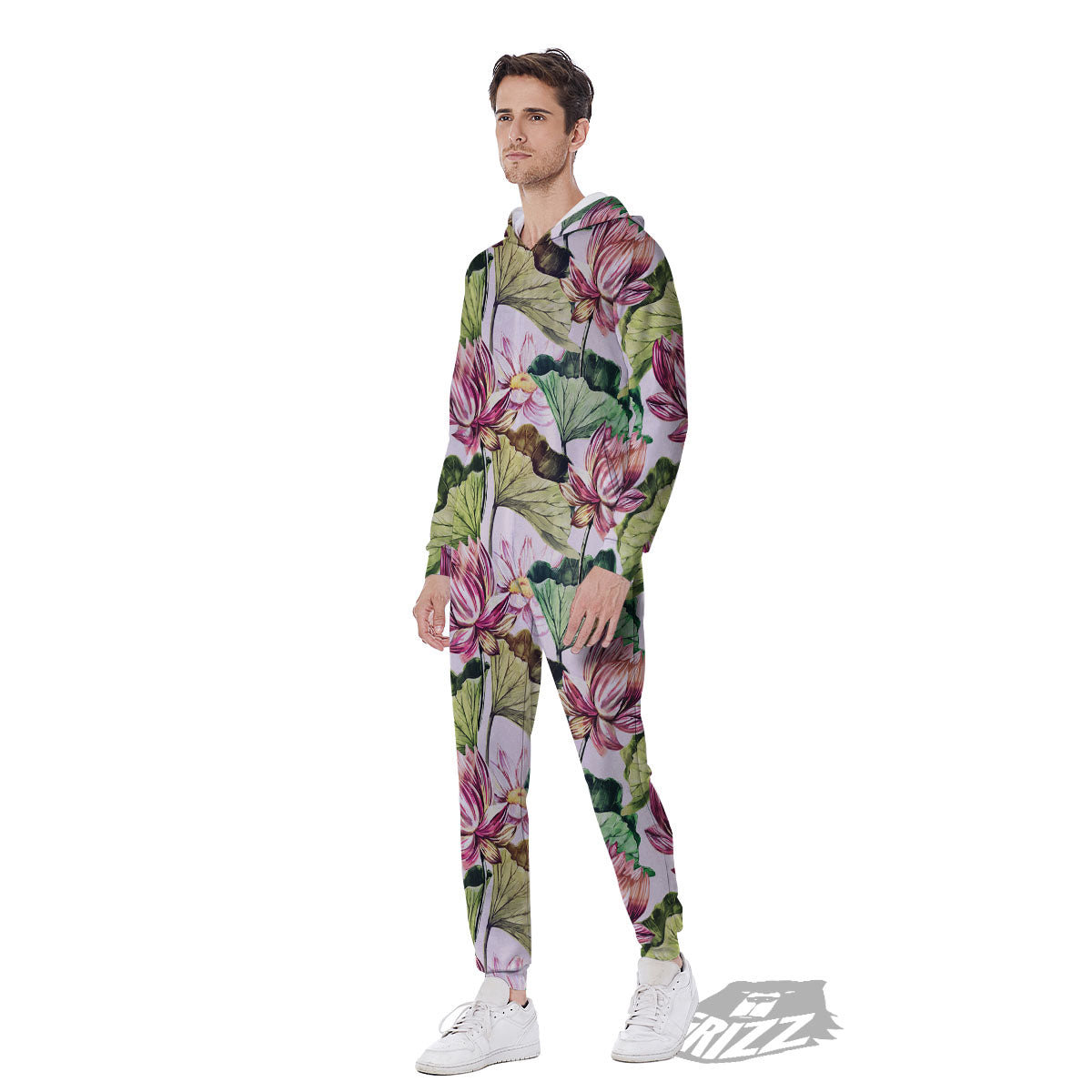 Lotus Pink Print Pattern Men's Jumpsuit-grizzshop