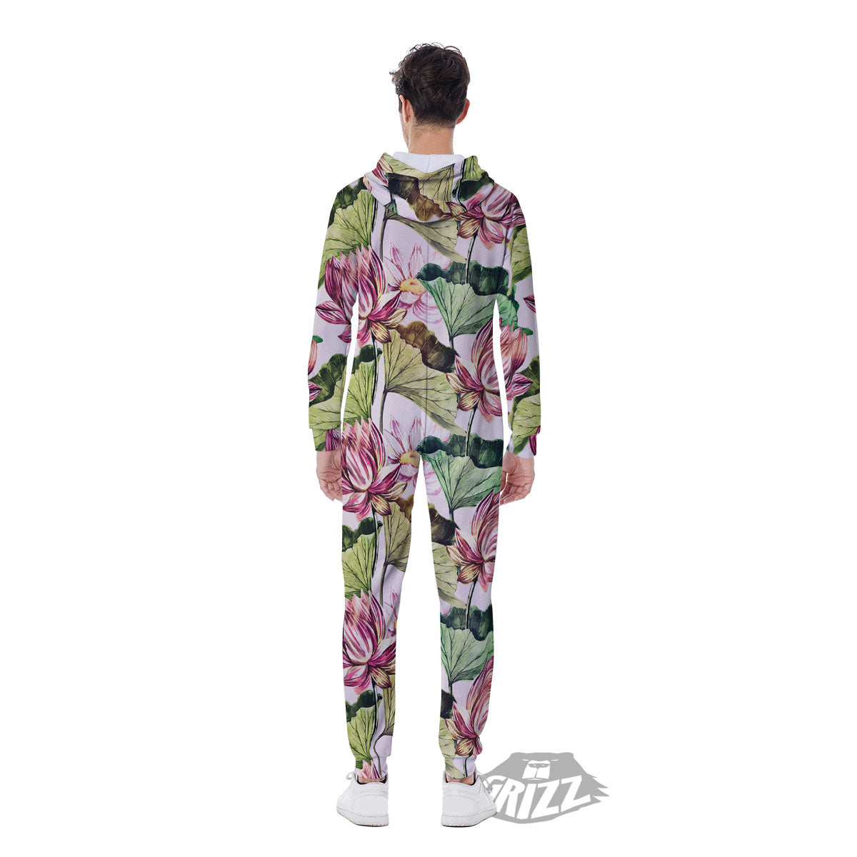 Lotus Pink Print Pattern Men's Jumpsuit-grizzshop