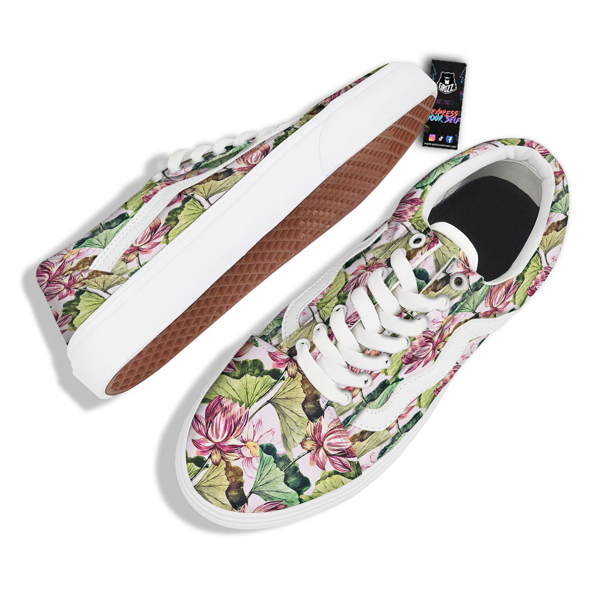 Lotus Pink Print Pattern Skate Shoes-grizzshop