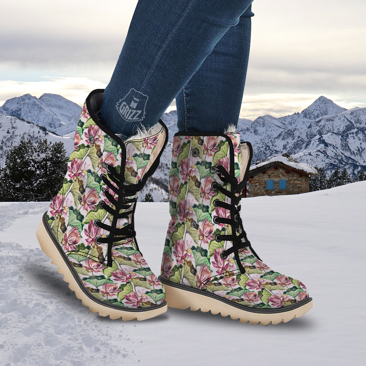Lotus Pink Print Pattern Snow Boots-grizzshop