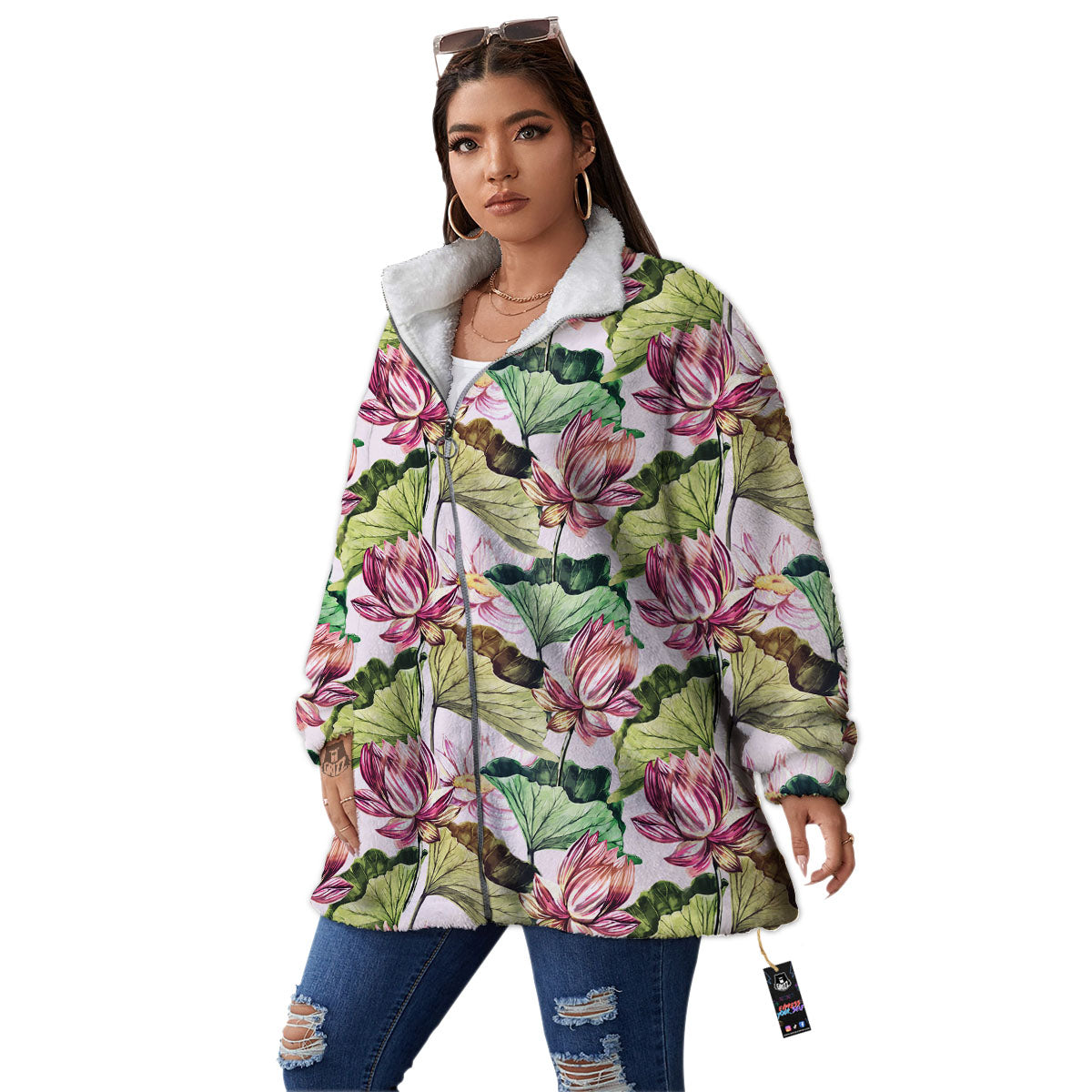 Lotus Pink Print Pattern Women's Sherpa Jacket-grizzshop