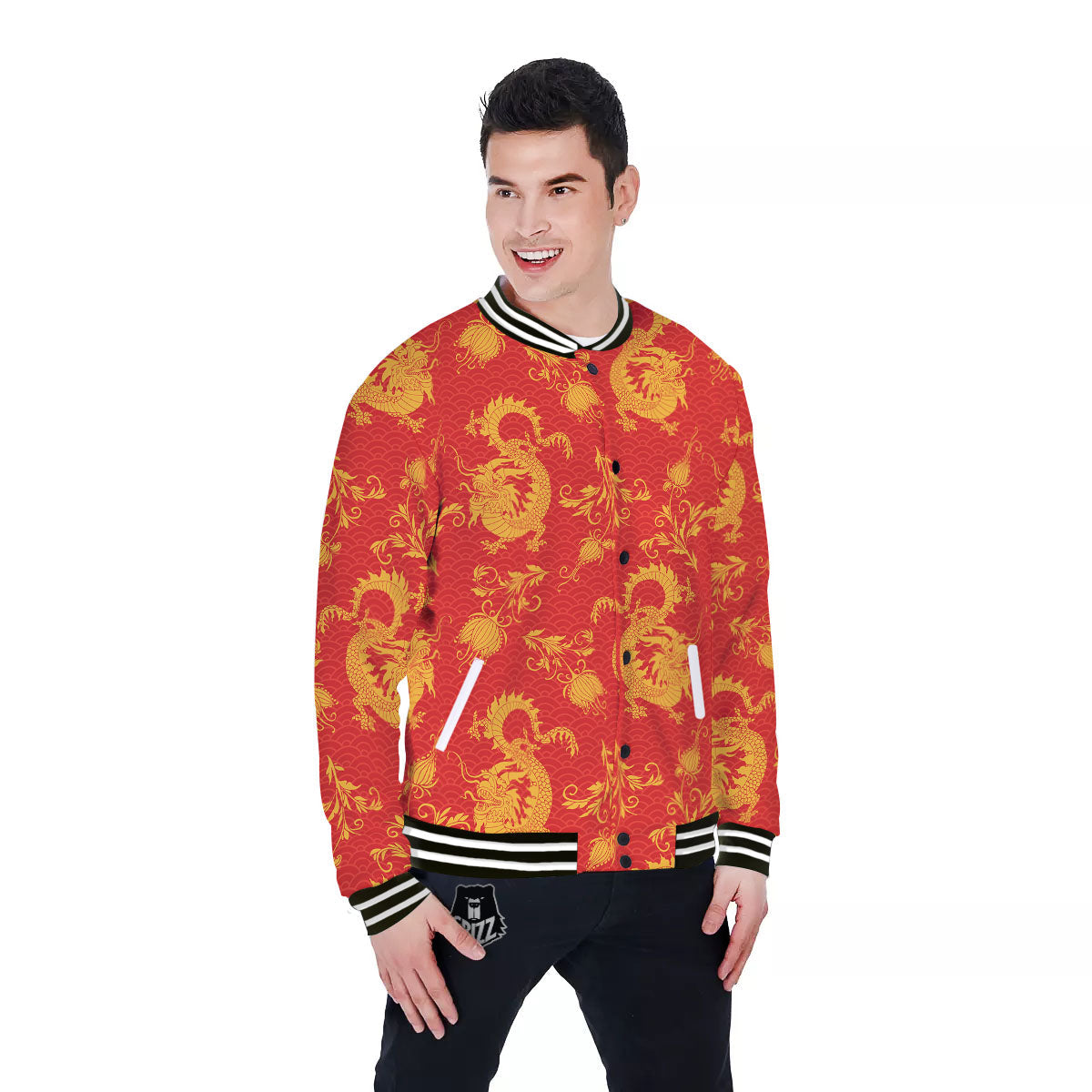 Lotus Red Dragon Print Pattern Baseball Jacket-grizzshop