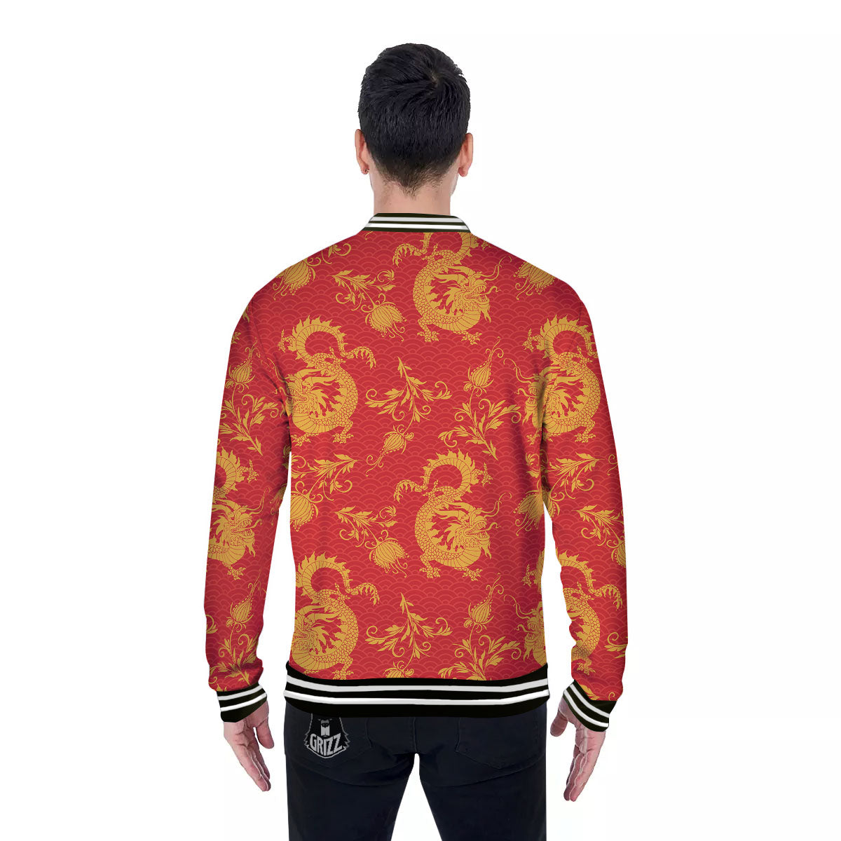 Lotus Red Dragon Print Pattern Baseball Jacket-grizzshop