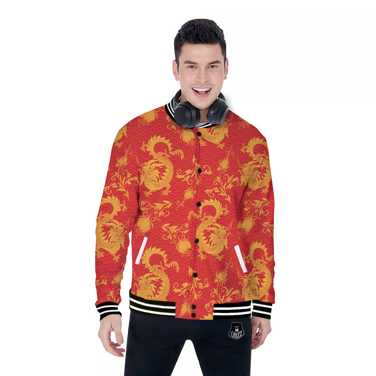 Lotus Red Dragon Print Pattern Baseball Jacket-grizzshop