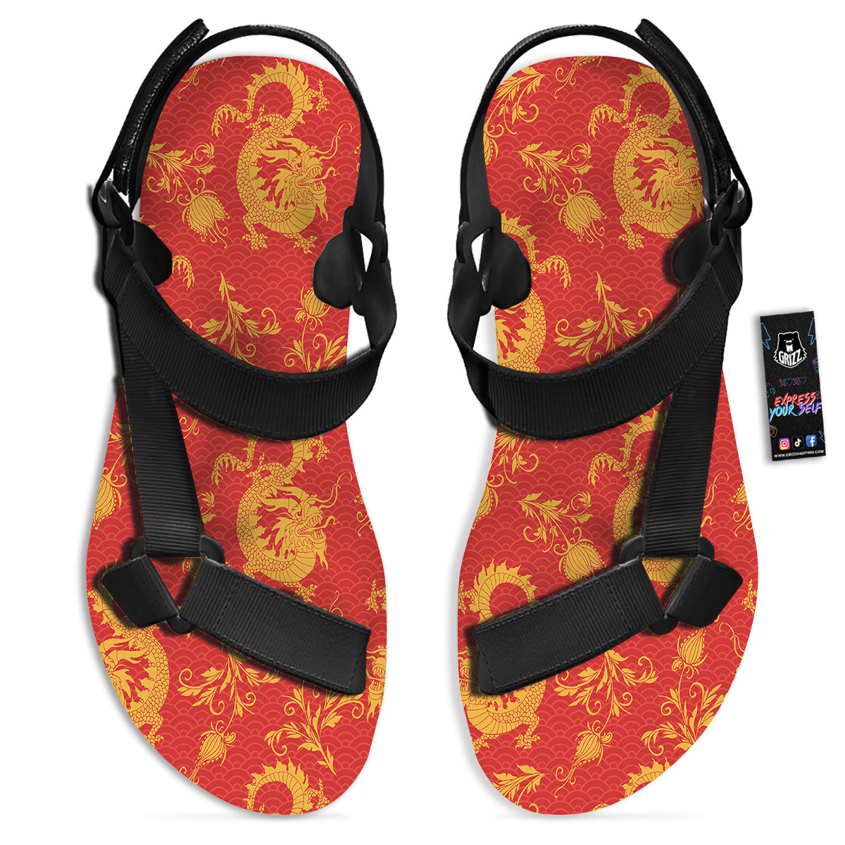 Lotus Red Dragon Print Pattern Black Open Toe Sandals-grizzshop