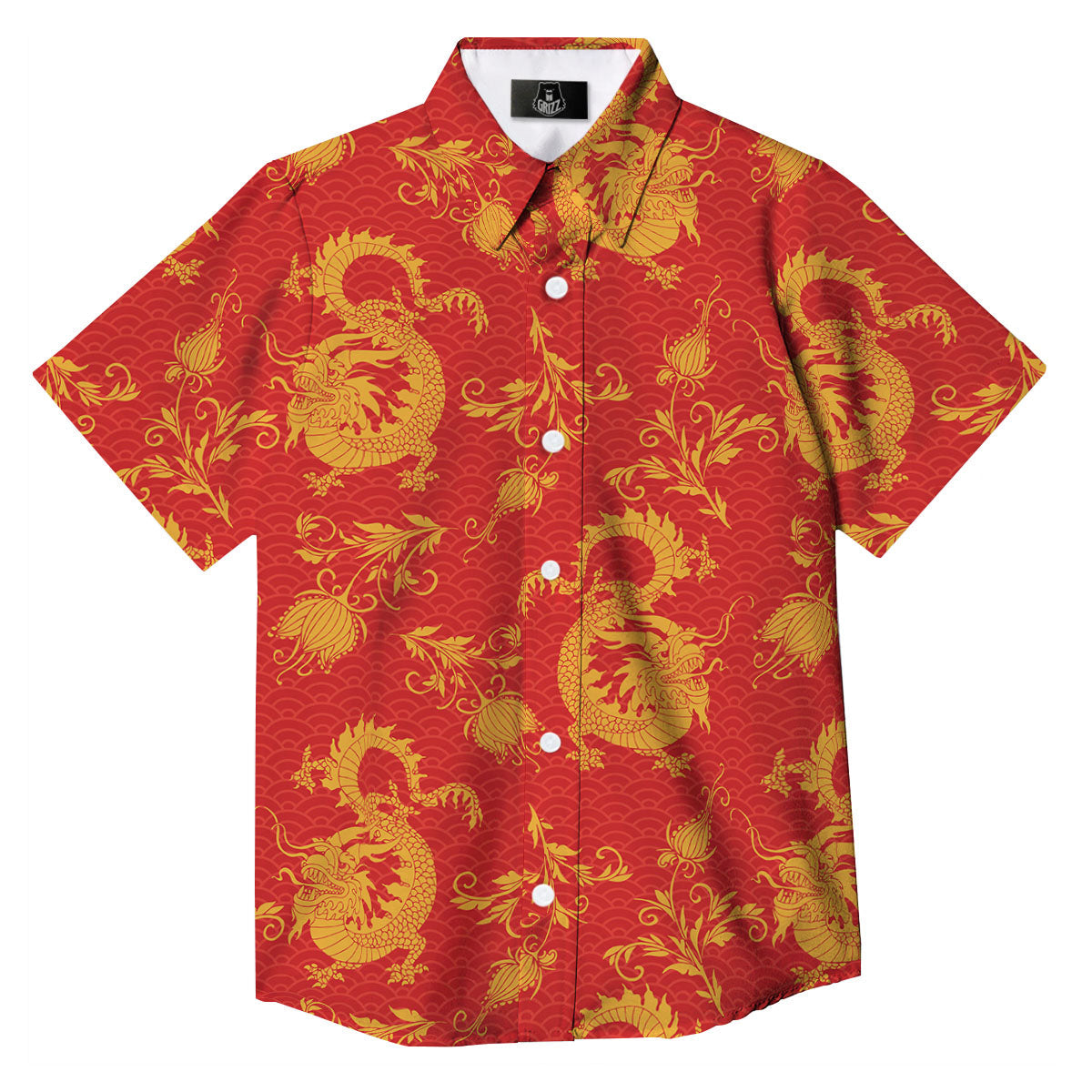 Lotus Red Dragon Print Pattern Button Up Shirt-grizzshop