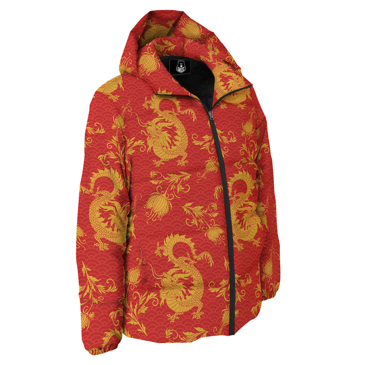 Lotus Red Dragon Print Pattern Down Jacket-grizzshop