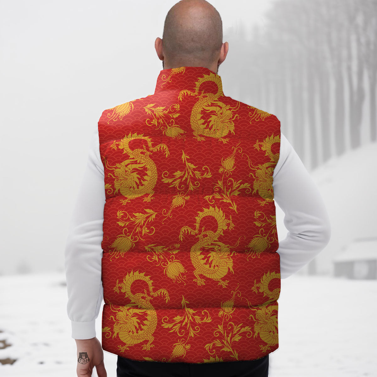 Lotus Red Dragon Print Pattern Down Vest-grizzshop