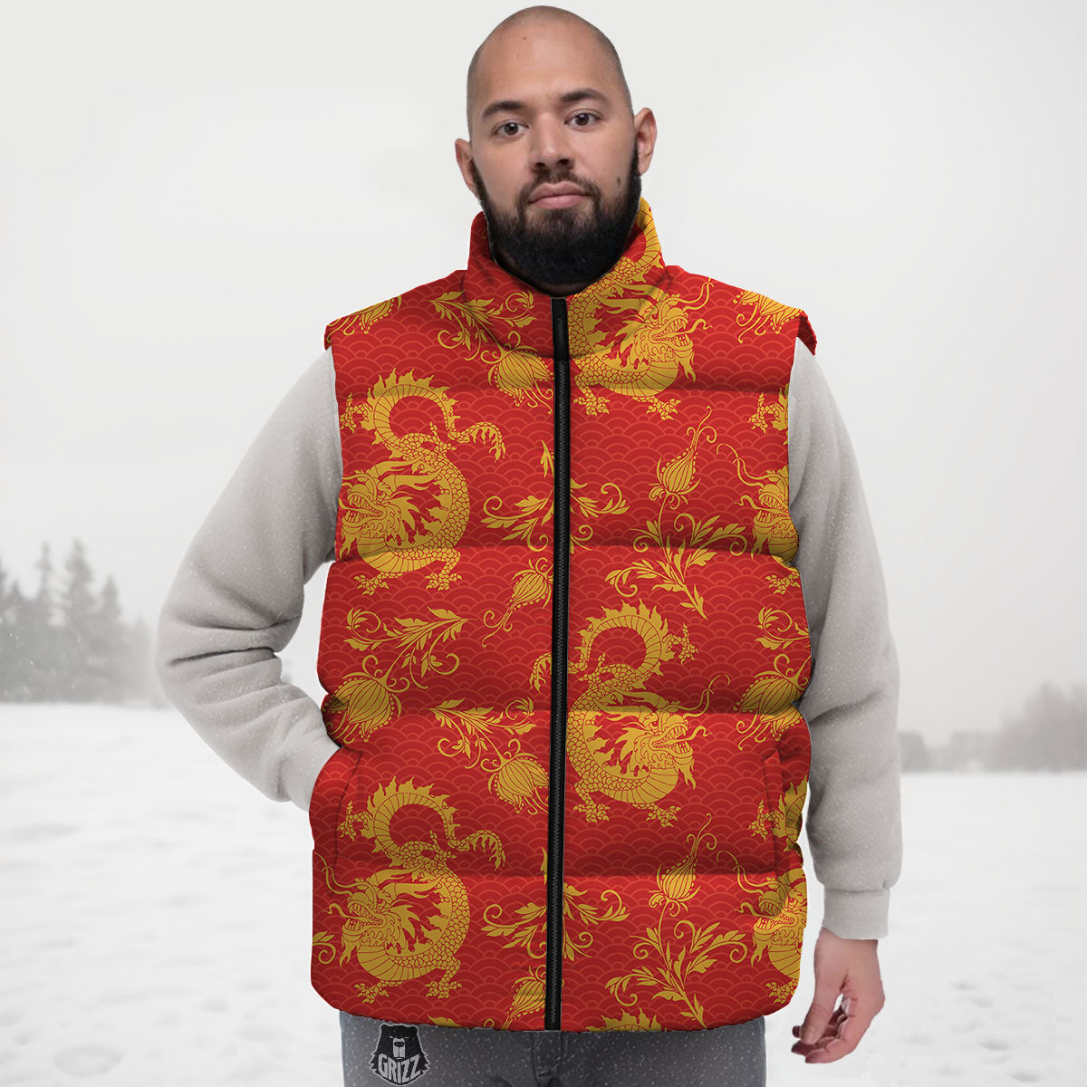 Lotus Red Dragon Print Pattern Down Vest-grizzshop