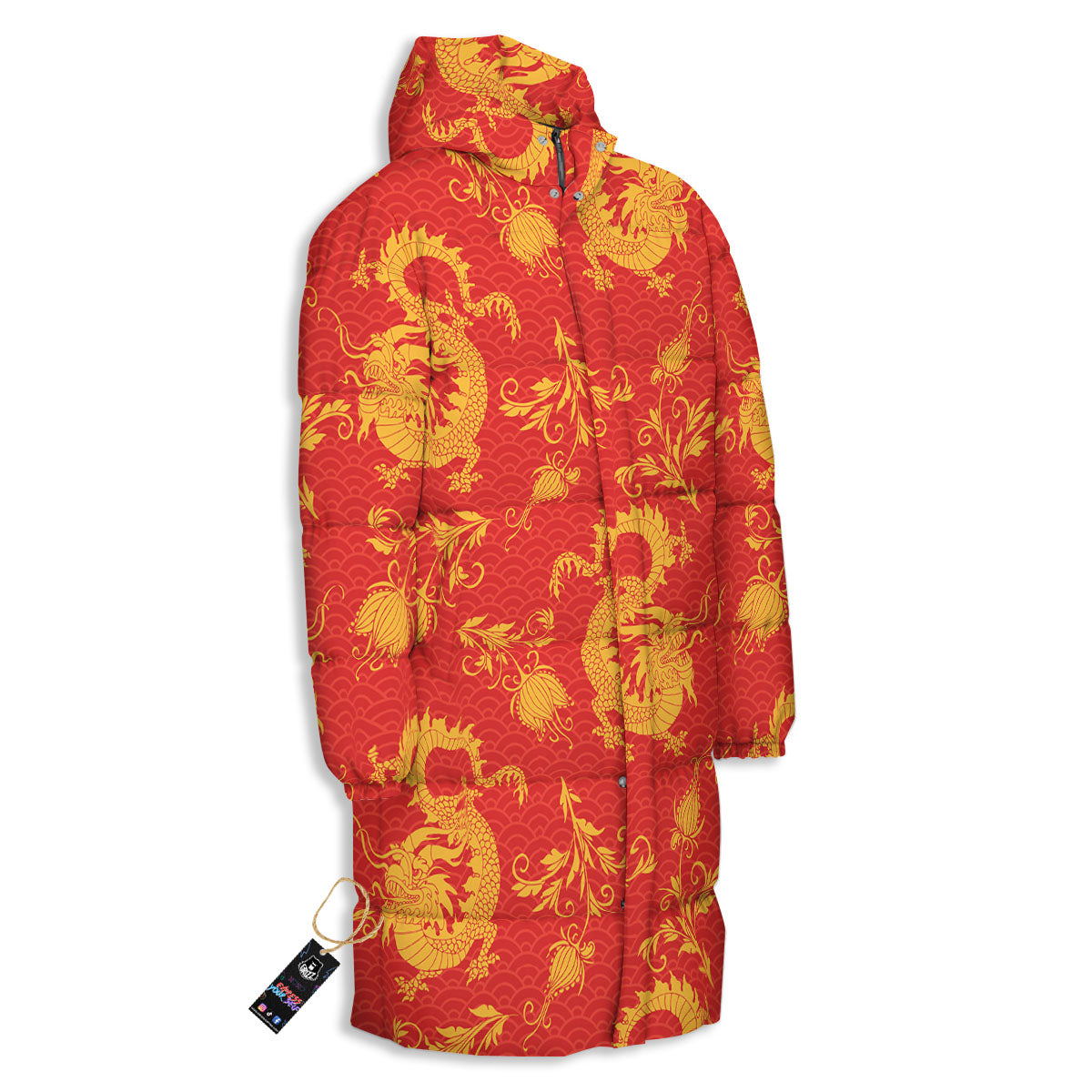 Lotus Red Dragon Print Pattern Long Down Jacket-grizzshop