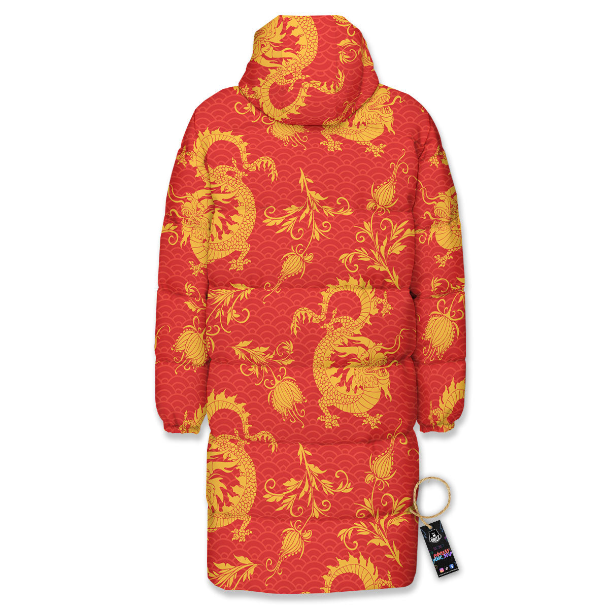Lotus Red Dragon Print Pattern Long Down Jacket-grizzshop