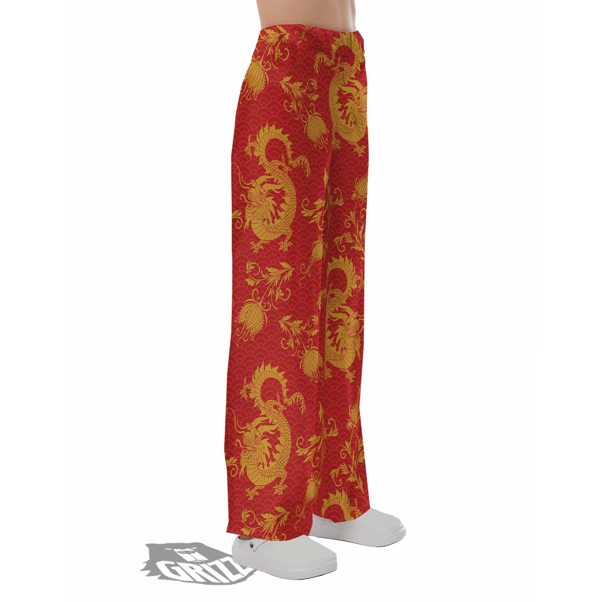 Lotus Red Dragon Print Pattern Pajama Pants-grizzshop