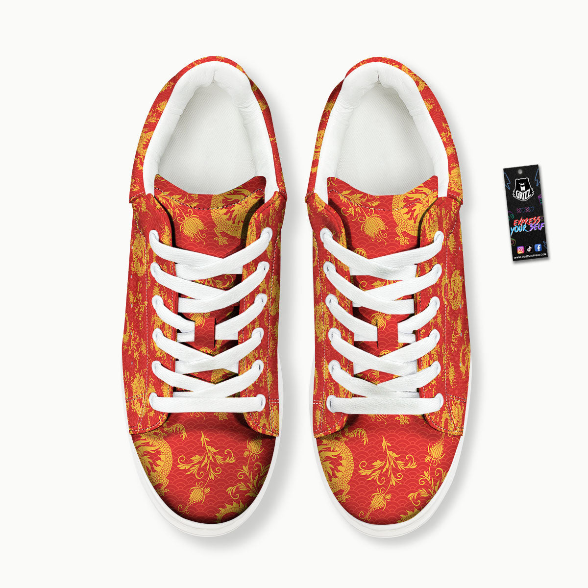 Lotus Red Dragon Print Pattern Platform Shoes-grizzshop